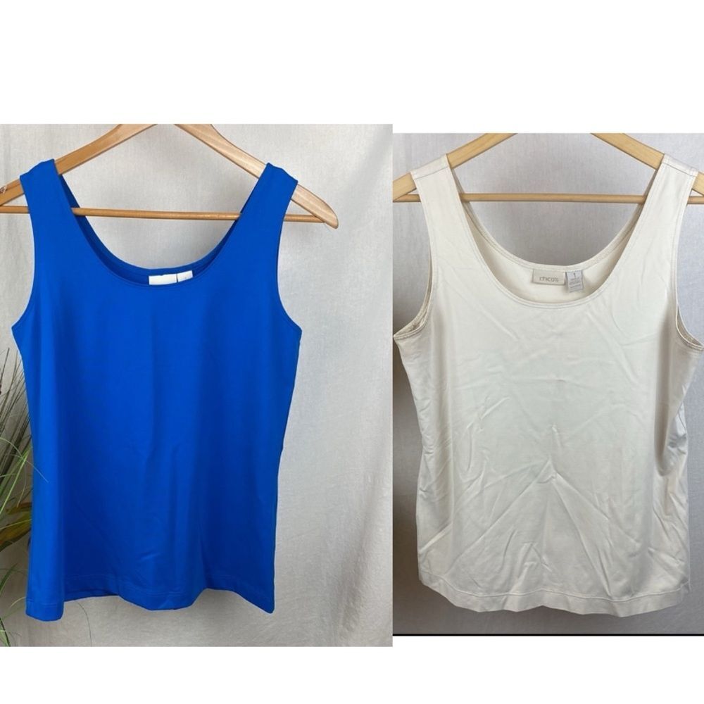 Chico’s SET Of 2 Ivory & Blue Microfiber Crew Neck Sleeveless Tank Tops 1 M